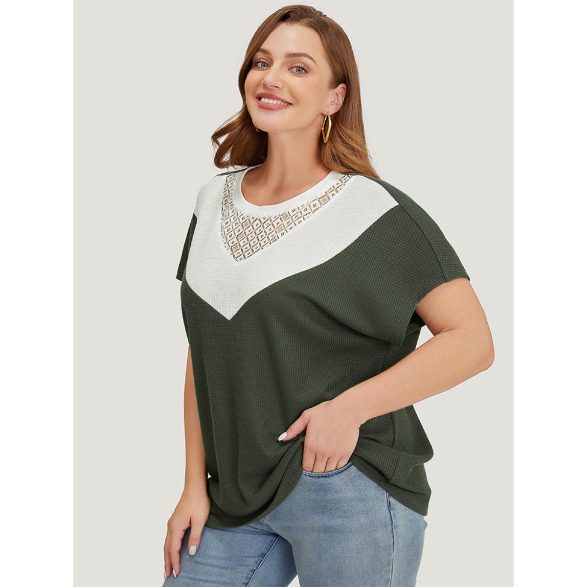 Plus Size Colorblock Contrast Lace Waffle Knit Batwing Sleeve T-shirt Sage Women Elegant Contrast Colorblock Round Neck Dailywear T-shirts BloomChic 28/5X Product Image