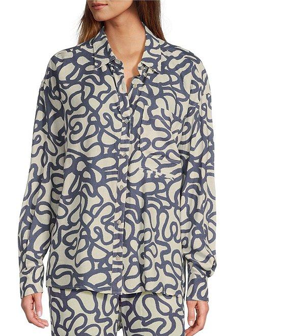 Every Linen Doodle Print Linen Blend V-Neck Long Sleeve Button Front Coordinaitng Blouse Product Image