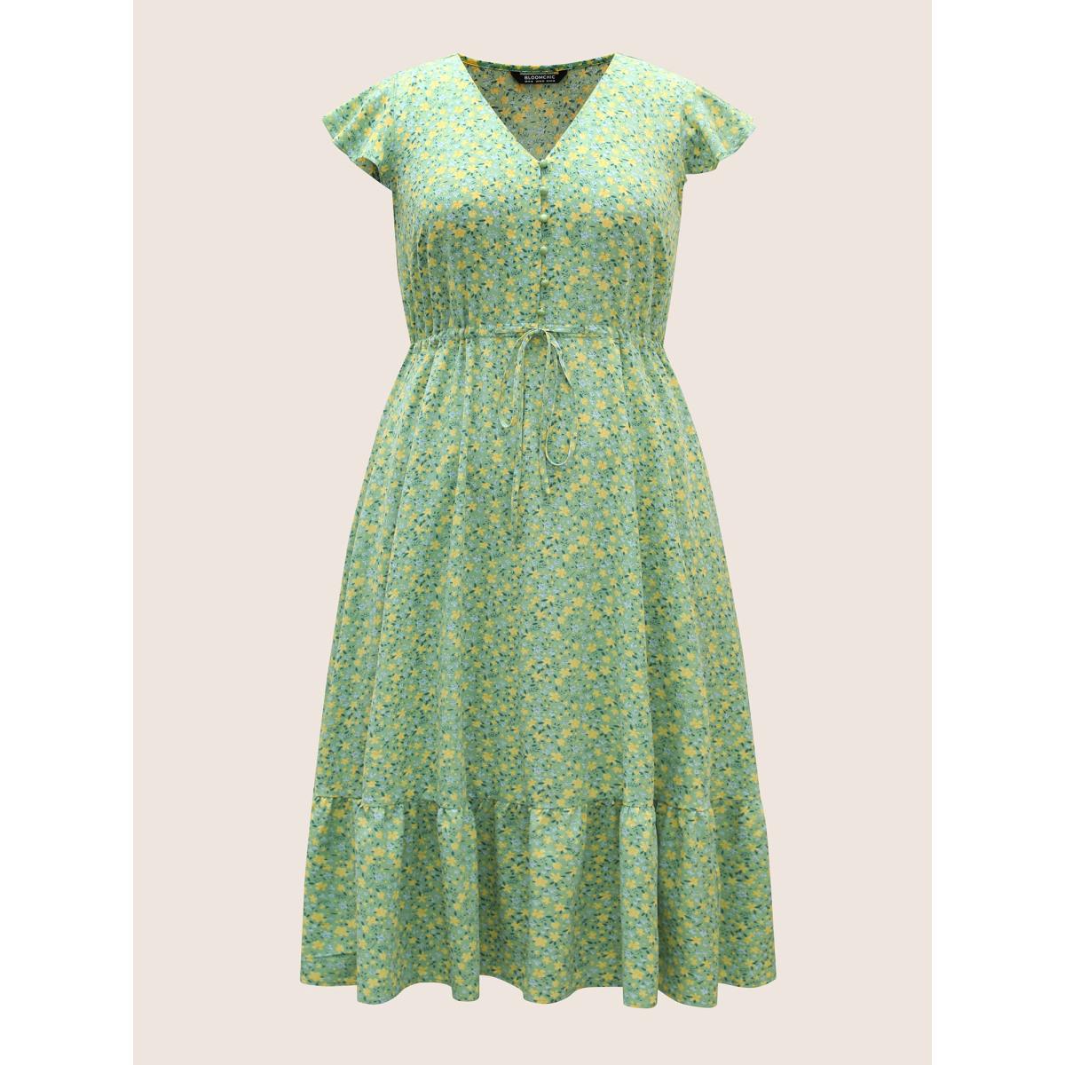Plus Size Ditsy Floral Ruffles Button Up Drawstring Dress Mint Women Elegant Patchwork Round Neck Cap Sleeve Curvy BloomChic 30/6X Product Image