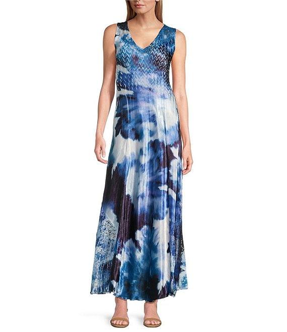 Komarov Charmeuse Lace Floral Print V-Neck Sleeveless Maxi Dress Product Image
