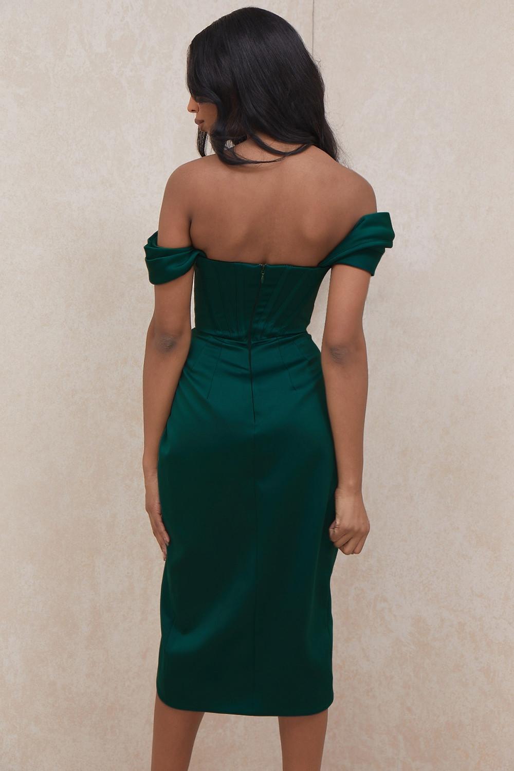 Loretta  emerald green satin off shoulder dress Product Image