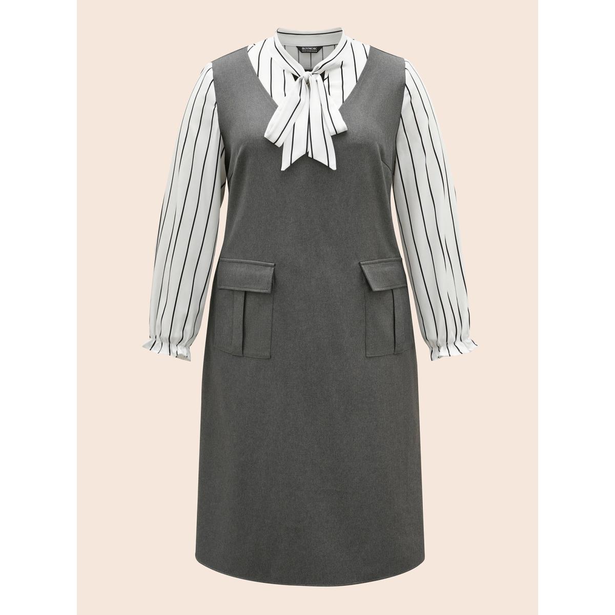 Plus Size Striped Patchwork Ribbon Tied Collar Dress DimGray Women At the Office Tie knot Ribbon-tied collar Long Sleeve Curvy BloomChic 14-16/1X Product Image