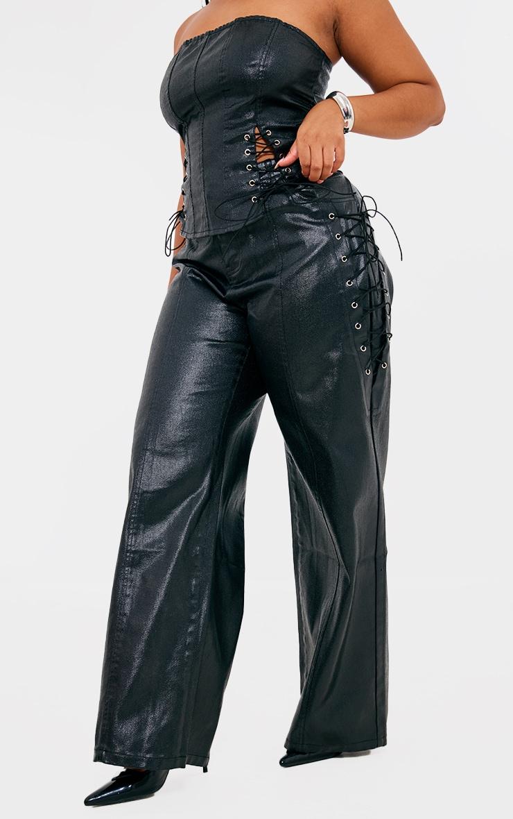 Plus Black Coated Denim Lace Up Wide Leg Jeans Product Image