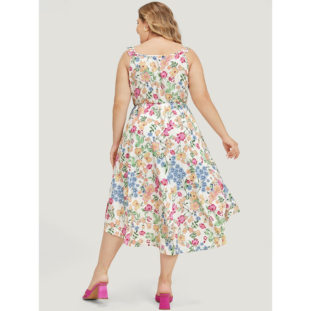 Plus Size Floral Arc Hem Pocket Square Neck Ruffle Trim Cami Dress Multicolor Women Elegant Arc Hem Square Neck Sleeveless Curvy Midi Dress BloomChic 18-20/2X Product Image