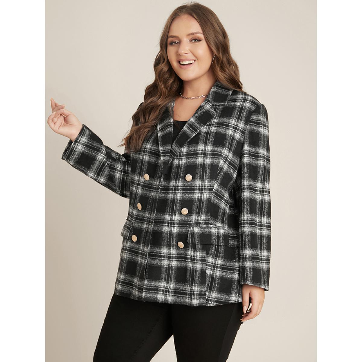 Plus Size Plaid Flap Pocket Button Up Suit Collar Blazer Black Women Dailywear Plaid Button Sleeve Long Sleeve Suit Collar 26/4X Pocket Casual Blazers BloomChic Product Image