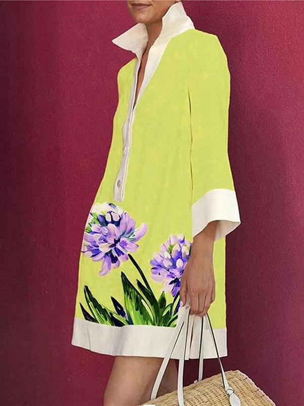 A-Line Loose Buttoned Flower Print Stand Collar Mini Dresses Product Image