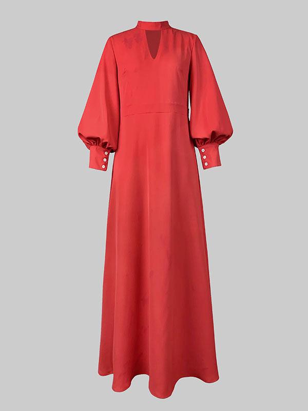 Long Sleeves Loose Buttoned Hollow Solid Color Split-Joint Round-Neck Maxi Dresses Product Image
