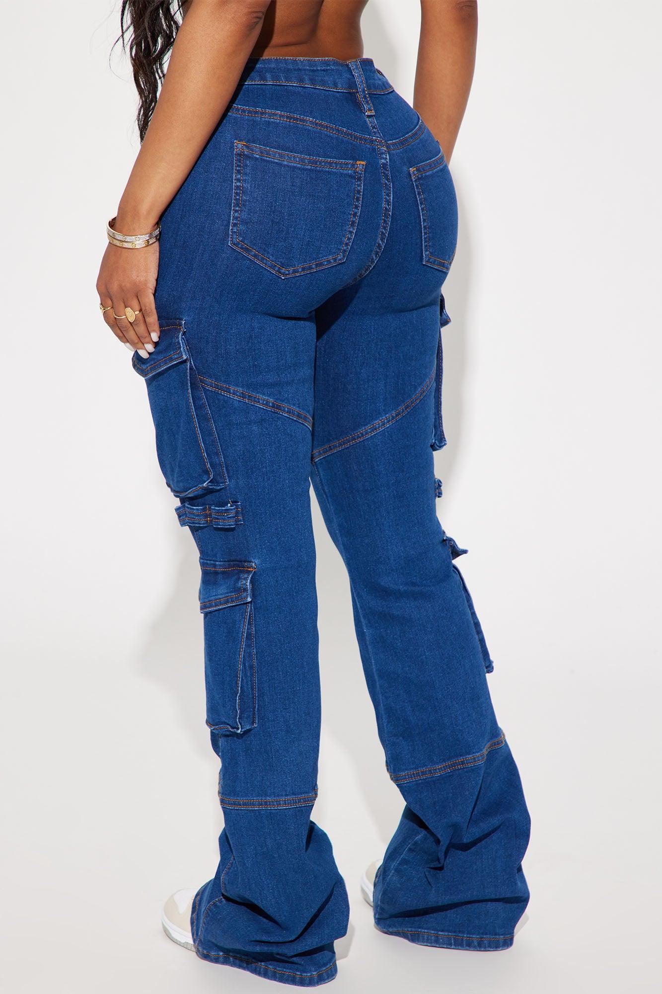 Warning You Mid Rise Stretch Flare Cargo Jean - Dark Wash Product Image
