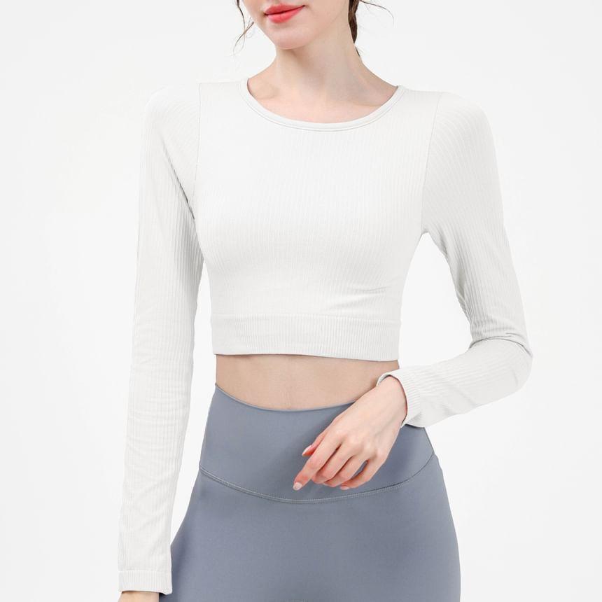 Long-Sleeve Round Neck Plain Crop Yoga T-Shirt Product Image