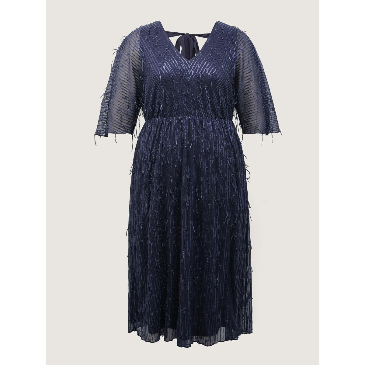 Plus Size Sequin Lace High Slit Backless Maxi Dress DarkBlue Women Party&Cocktail V-neck Elbow-length sleeve Curvy BloomChic 14-16/1X Product Image