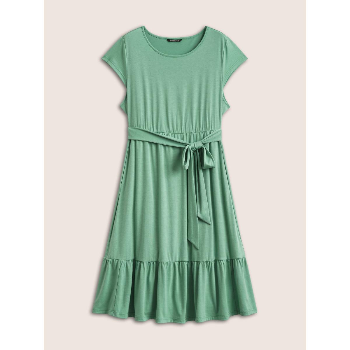 Plus Size Supersoft Essentials Solid Belted Patchwork Hem Dress Mint Women Basics Non Round Neck Cap Sleeve Curvy Midi Dress BloomChic 14-16/1X Product Image