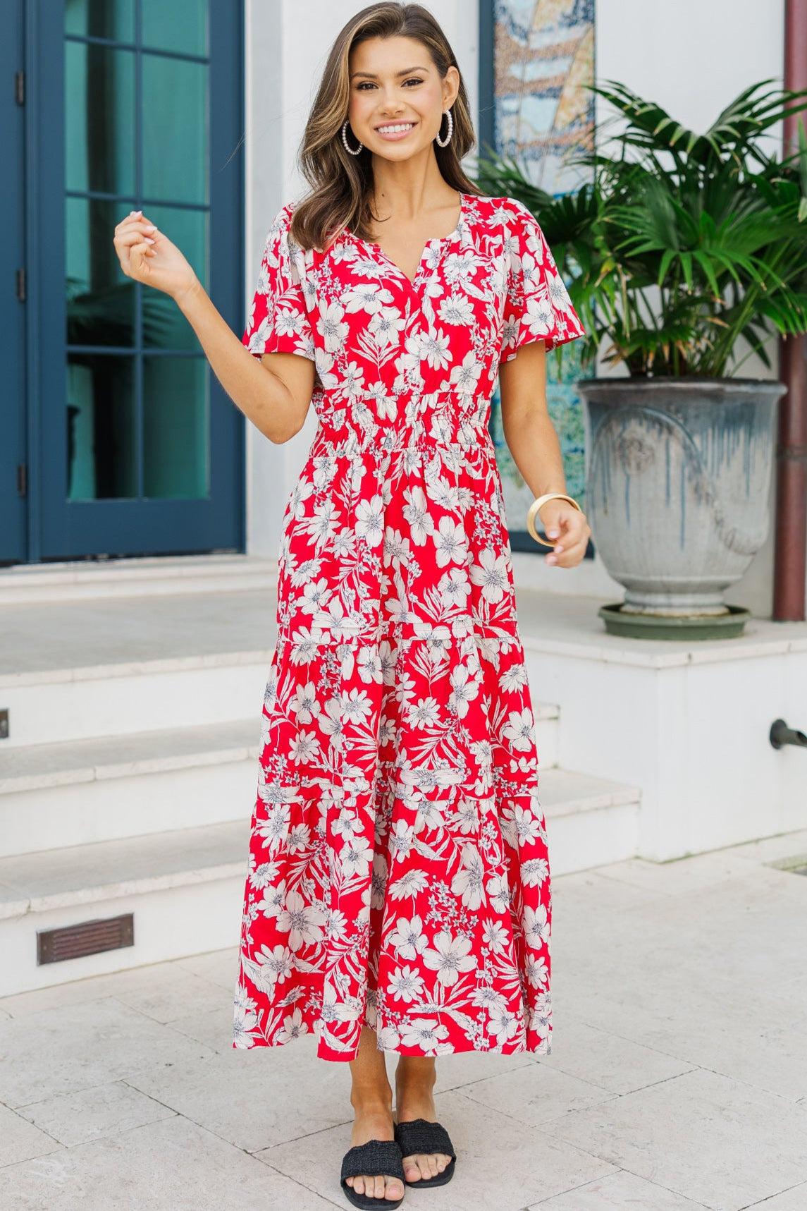 It's In The Air Red Floral Tiered Midi Dress Female Product Image