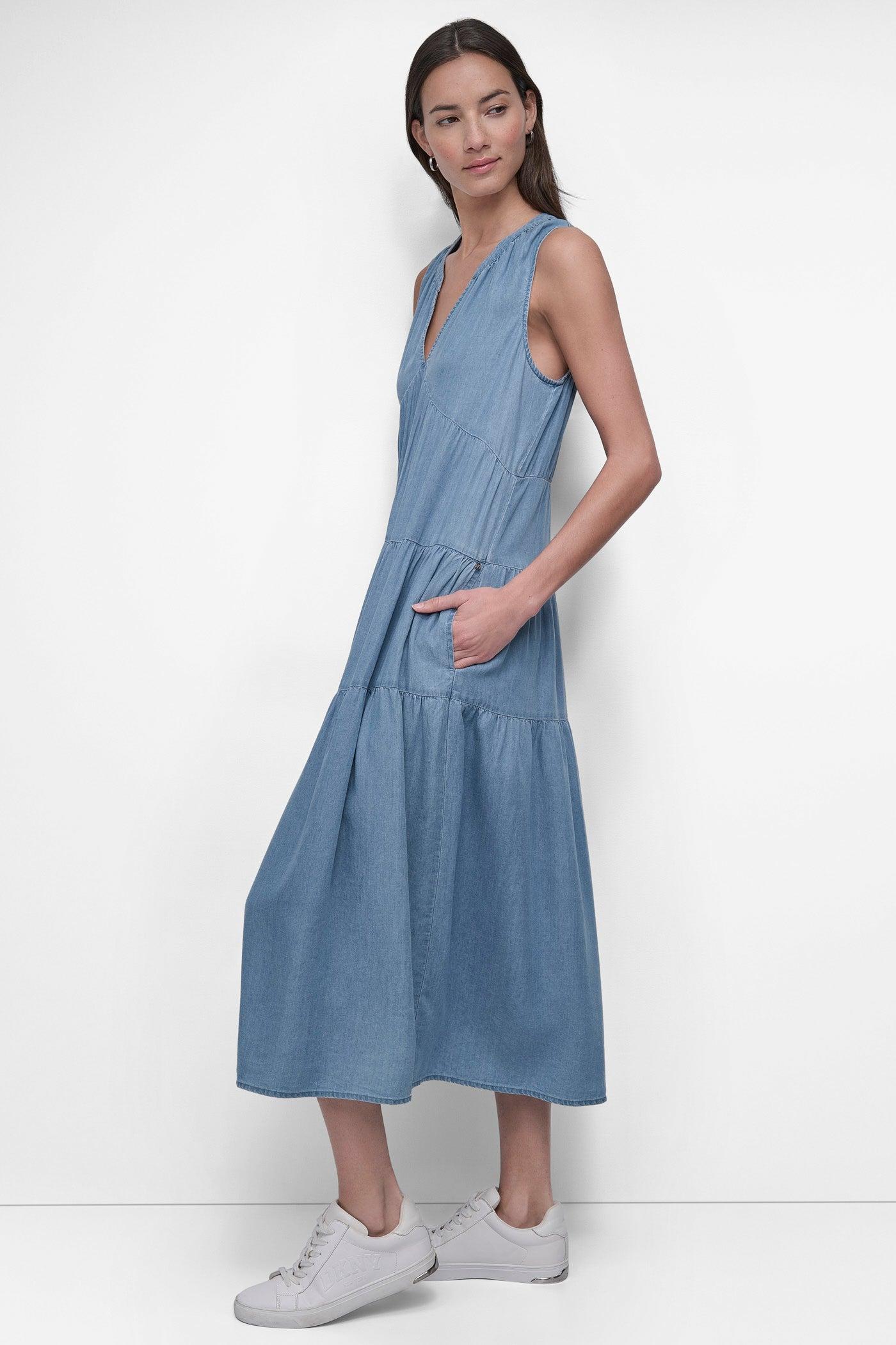 TENCEL TIERED MIDI SWING DRESS Product Image