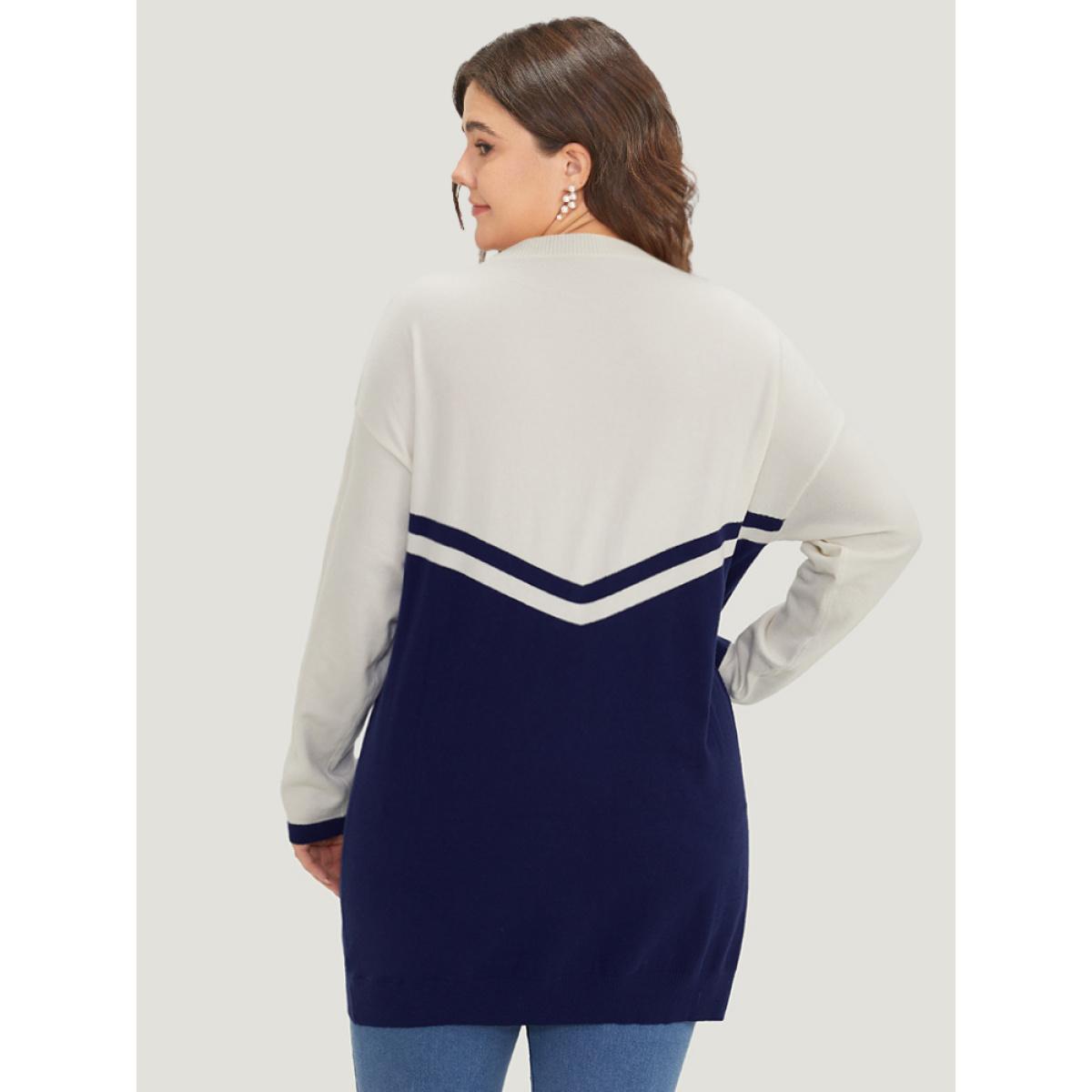Plus Size Striped Two Tone V Neck Drop Shoulder Pullover Indigo Women Casual Loose Long Sleeve V-neck Dailywear Pullovers BloomChic 22-24/3X Product Image