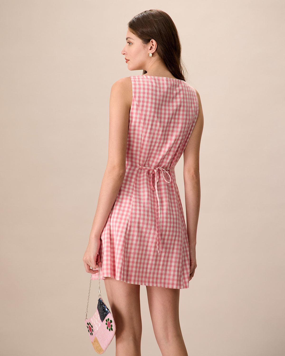 Women's Pink V-Neck Plaid Cotton Mini Dress Female Product Image