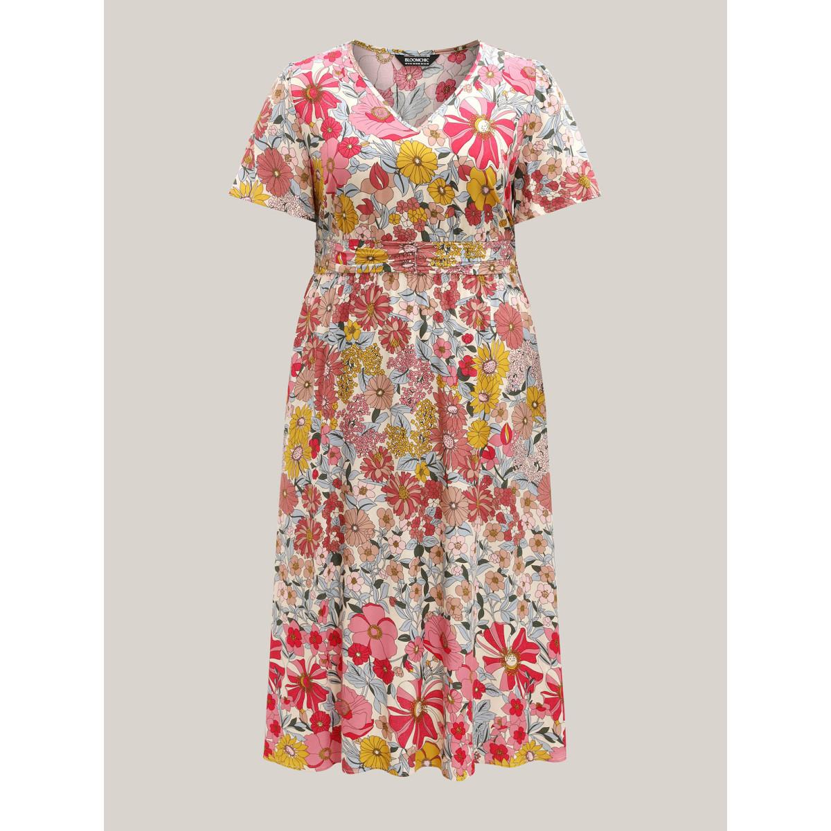 Plus Size Vibrant Floral Print Pleated Waist Midi Dress Blush Women V-neck Short sleeve Curvy BloomChic 26/4X Product Image