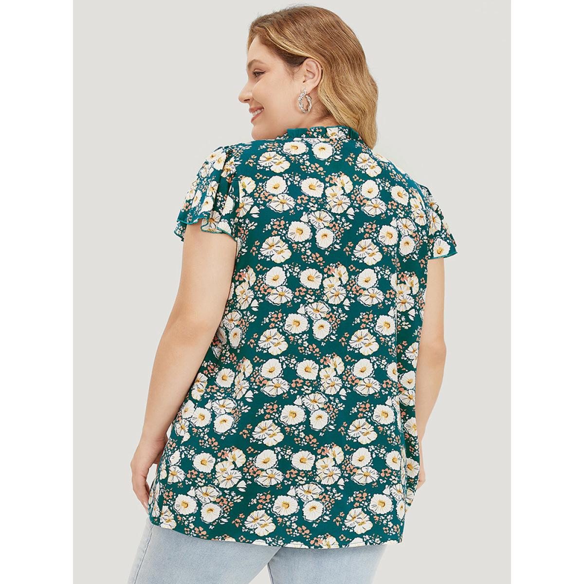 Plus Size Cerulean Floral Ruffle Sleeve Shirred Button Up Frill Trim Blouse Women Elegant Short sleeve V-neck Dailywear Blouses BloomChic 12/L Product Image