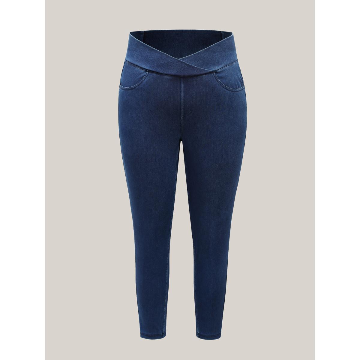 Plus Size Overlap Hem Yoga Stretch Skinny Knit Jeans Women Midblue High stretch Slanted pocket Jeans BloomChic 26/4X Product Image