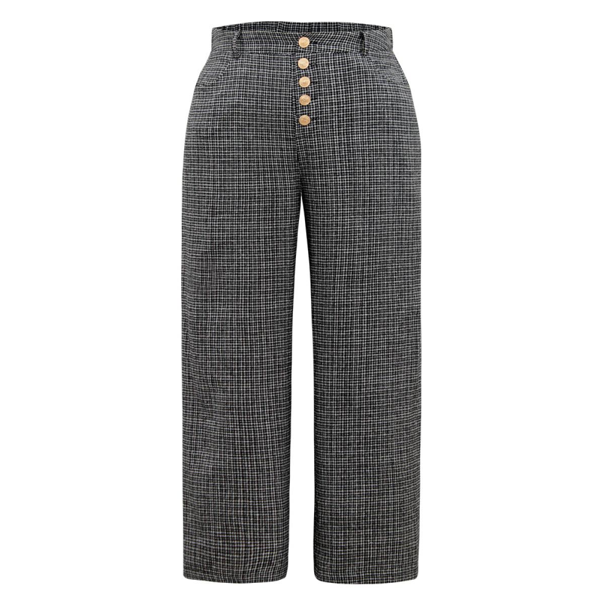 Plus Size Gingham Textured Metal Detail Wide Leg Pants Women Black Office Wide Leg High Rise Office Pants BloomChic 26/4X Product Image
