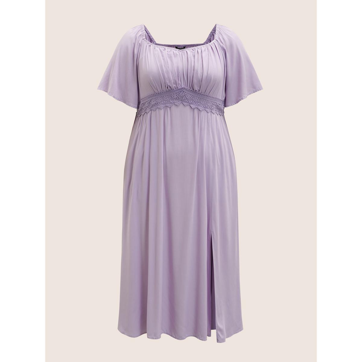 Plus Size Heart Neckline Lace Panel Gathered Split Front Dress Lilac Women Elegant Woven ribbon&lace trim Heart neckline Short sleeve Curvy BloomChic 12/L Product Image