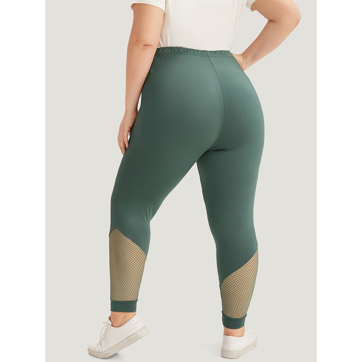 Plus Size Solid Patchwork Cut Out Elastic Waist Leggings Women DarkGreen Casual High stretch Skinny High Rise Dailywear Leggings BloomChic 18-20/2X Product Image