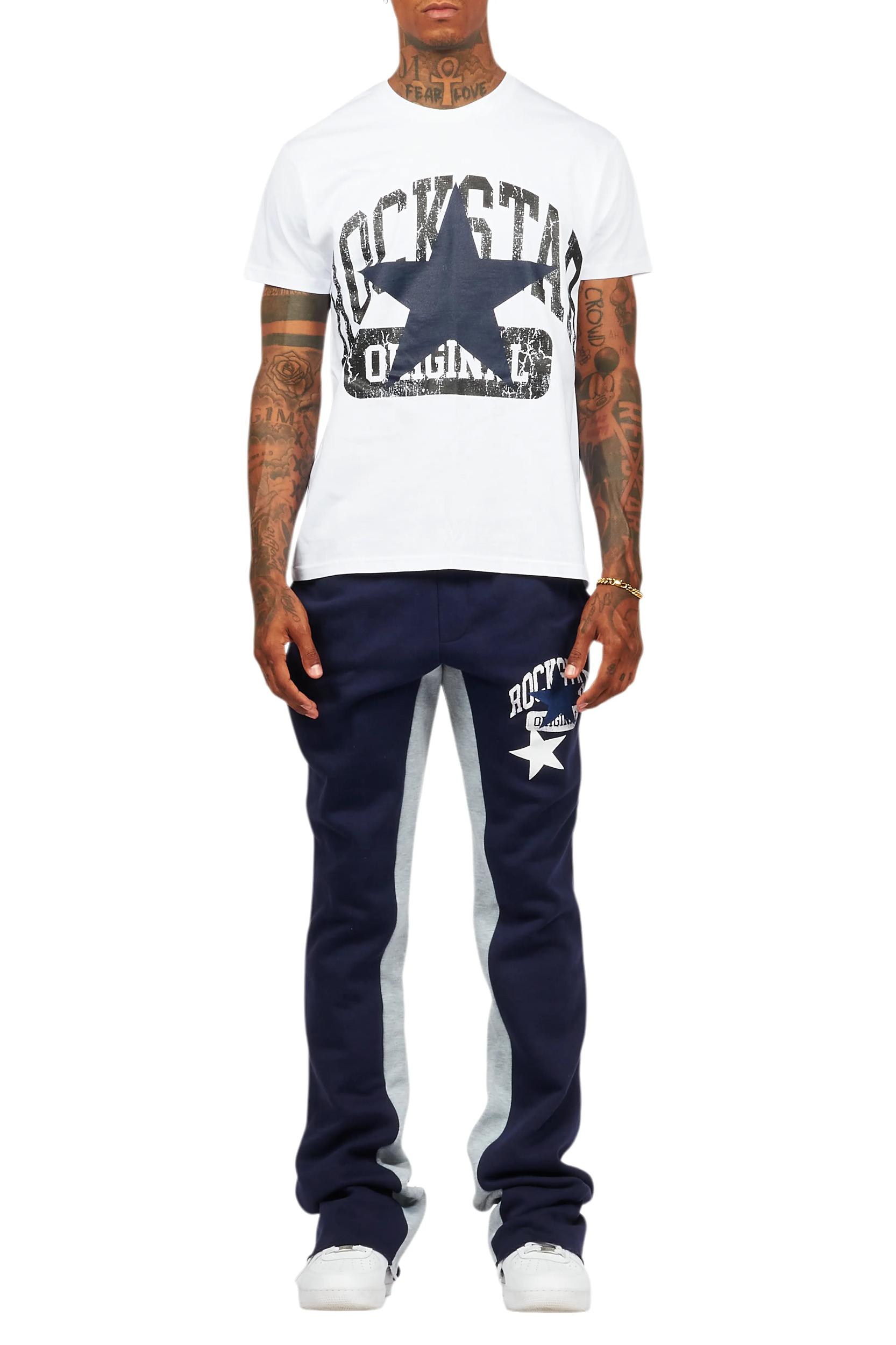 Mallor White/Navy T-Shirt/Stacked Baggy Track Pant Set Male Product Image