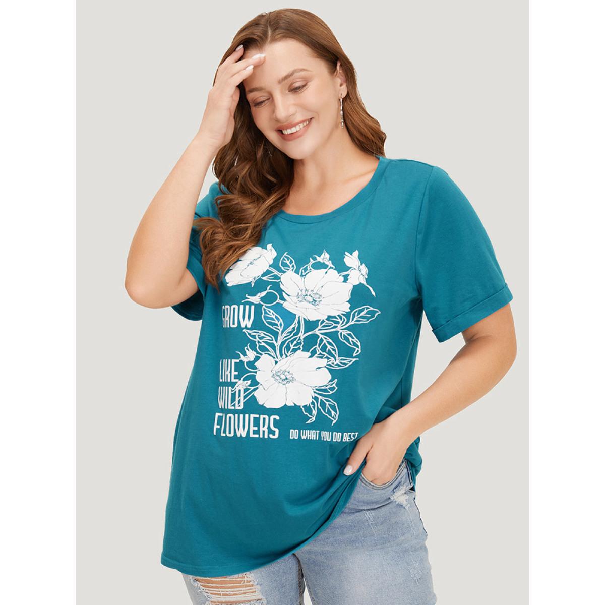 Plus Size Floral & Letter Roll Sleeve T-shirt Cerulean Women Casual Printed Natural Flowers Dailywear T-shirts BloomChic 26/4X Product Image