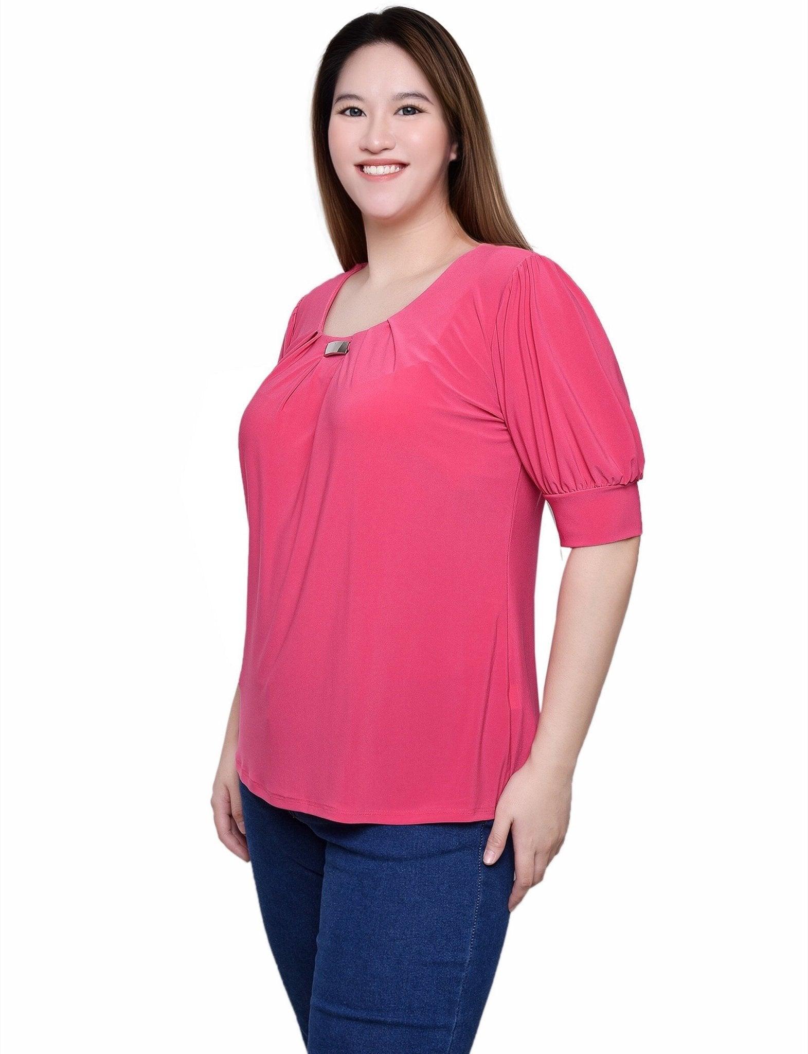 Fushia Short Sleeve Balloon Sleeve Top With Hardware - Petite Product Image
