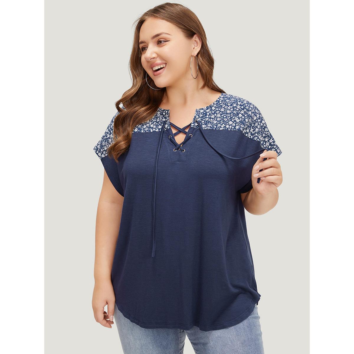 Plus Size Ditsy Floral Patchwork Lace Up Notched T-shirt Indigo Women Elegant Cross straps Ditsy Floral Notched collar Dailywear T-shirts BloomChic 28/5X Product Image