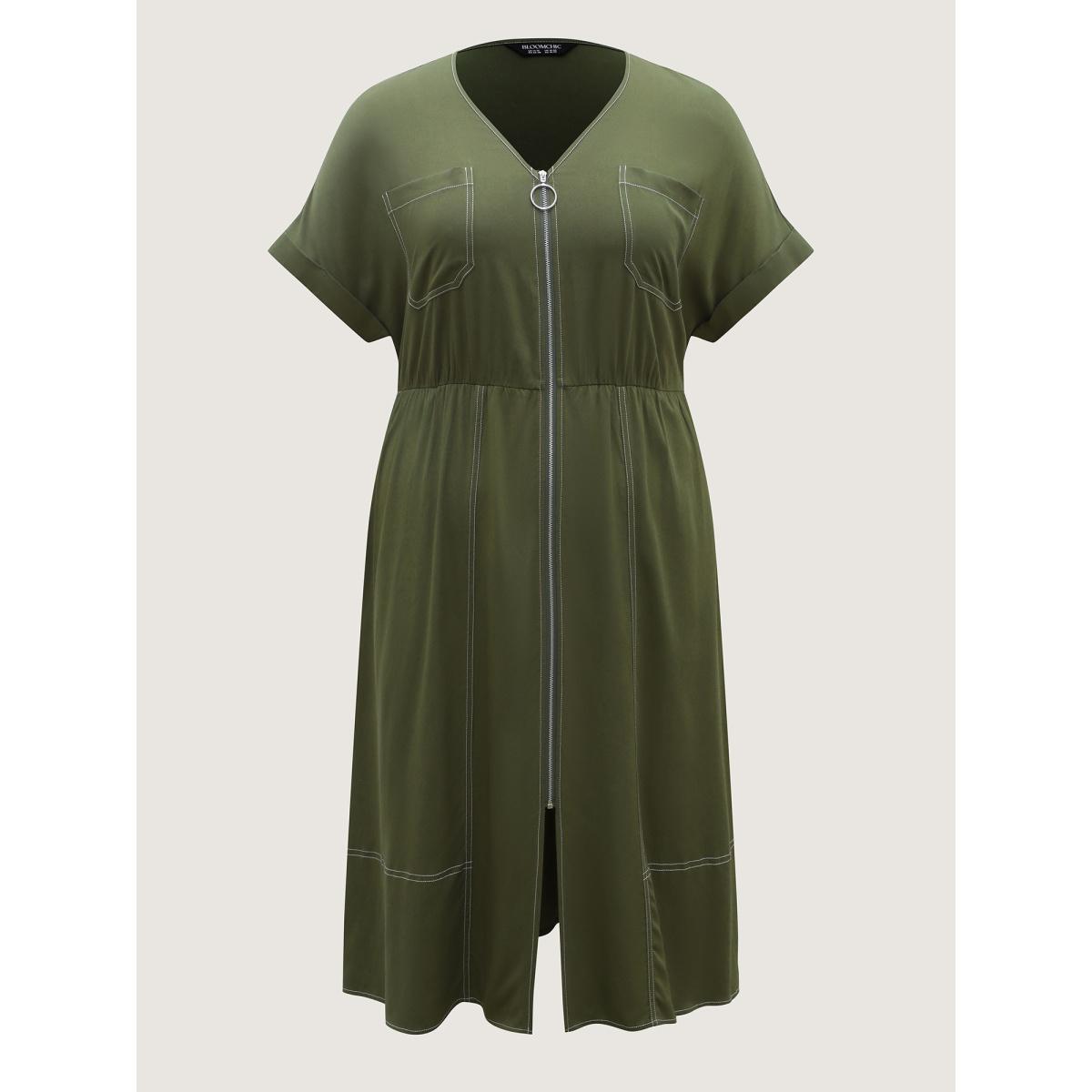 Plus Size Monochrome Zipper Front Pockets Midi Dress ArmyGreen Women V-neck Short sleeve Curvy BloomChic 10/M Product Image