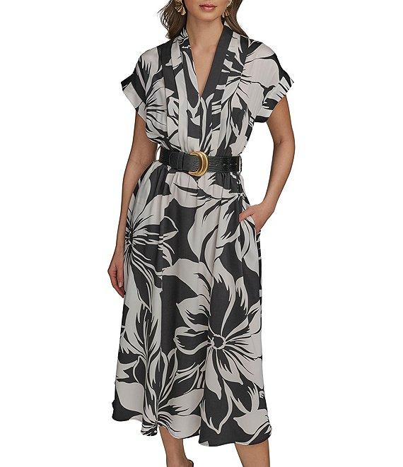 Donna Karan Twill V-Neck Belted Short Sleeve A-Line Floral Midi Dress Product Image