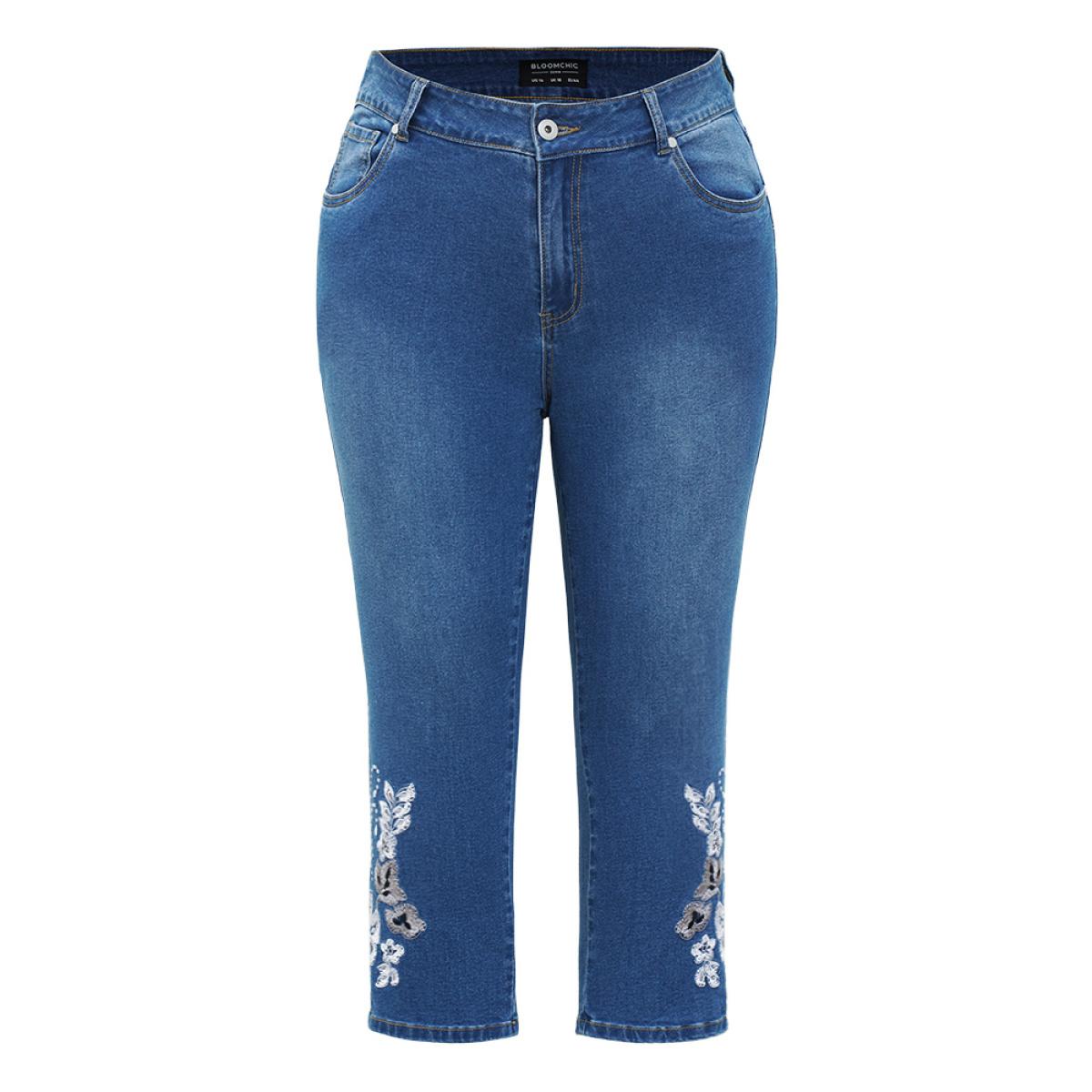 Plus Size Very Stretchy High Rise Medium Wash Embroidered Cropped Jeans Women LightBlue Casual Plain Embroidered High stretch Pocket Jeans BloomChic 14/1X Product Image