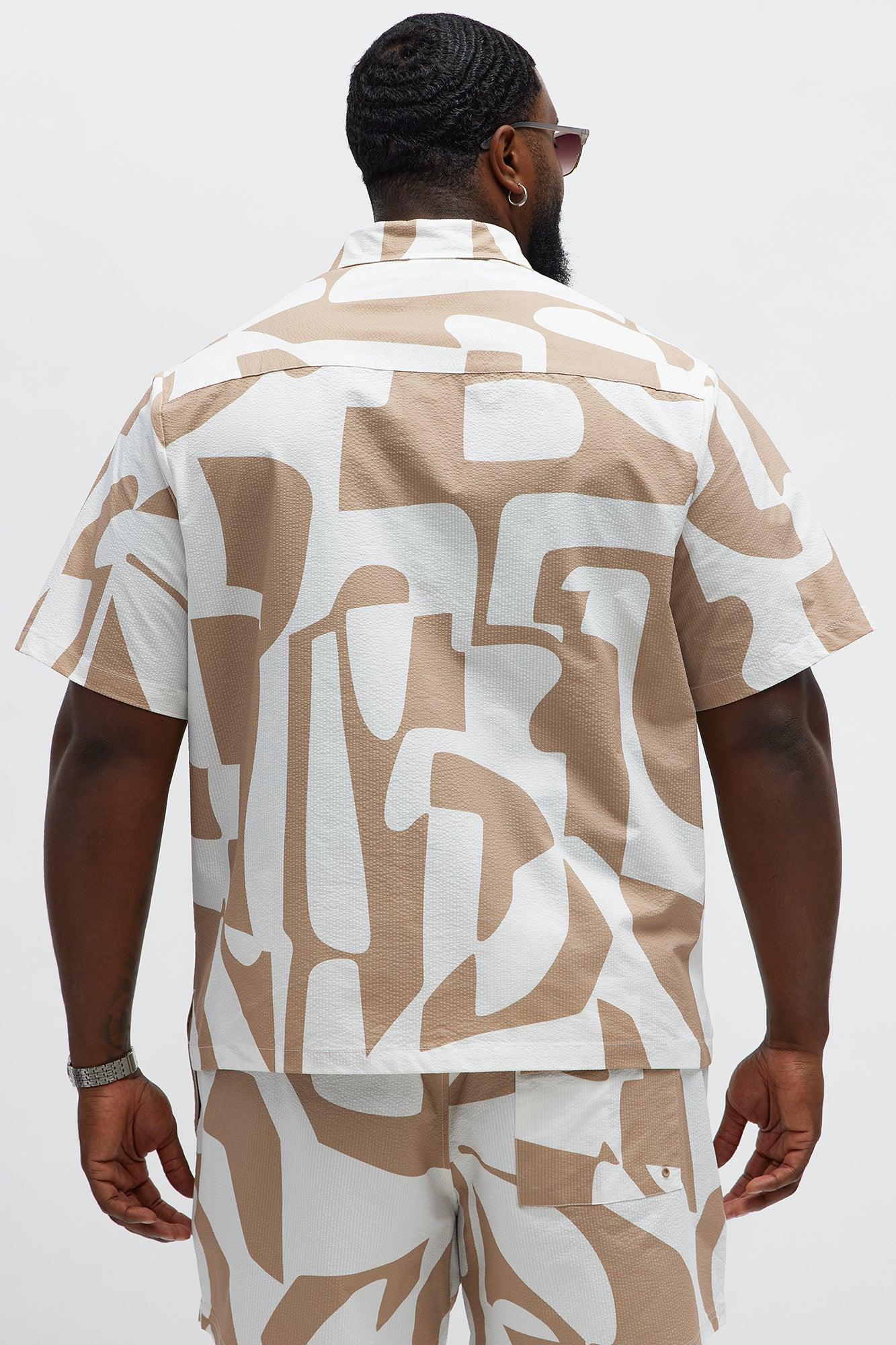 Seersucker Abstract Geo Printed Closed Collar Shirt - Tan/Multi Male Product Image