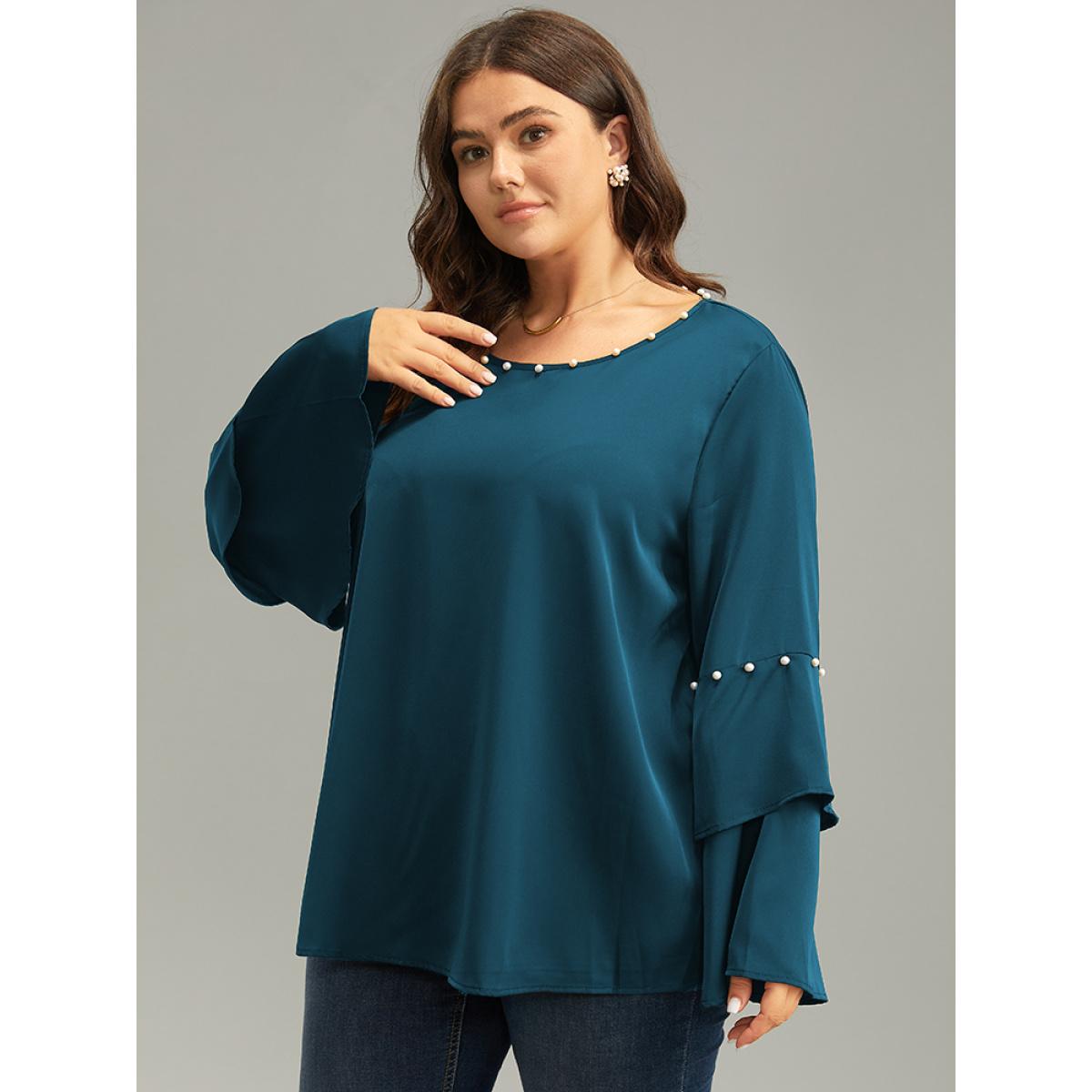 Plus Size Cyan Anti-Wrinkle Pearl Beaded Ruffle Layered Sleeve Blouse Women Glamour Long Sleeve Round Neck Going out Blouses BloomChic 28/5X Product Image