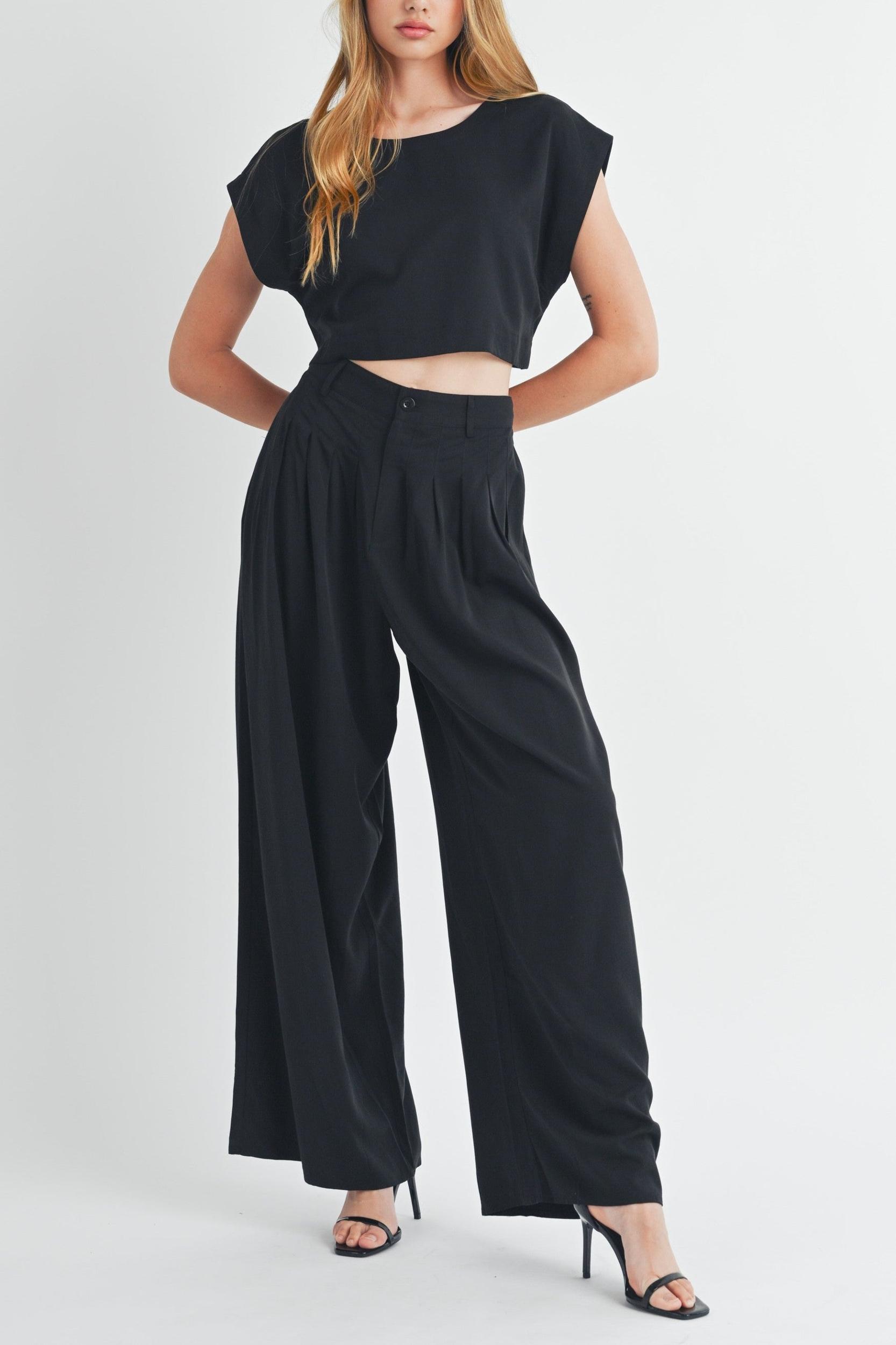 Simple Crop Top & Pleated Wide Leg Pants Product Image