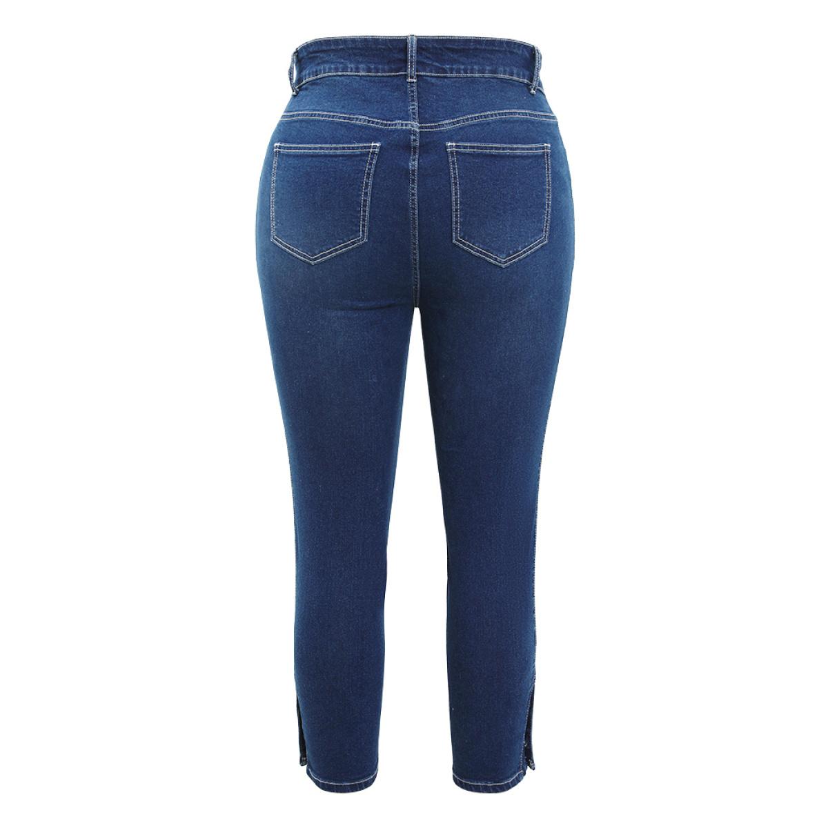 Plus Size Very Stretchy High Rise Dark Wash Button Hem Jeans Women Indigo Casual Plain Button High stretch Jeans BloomChic 14/1X Product Image