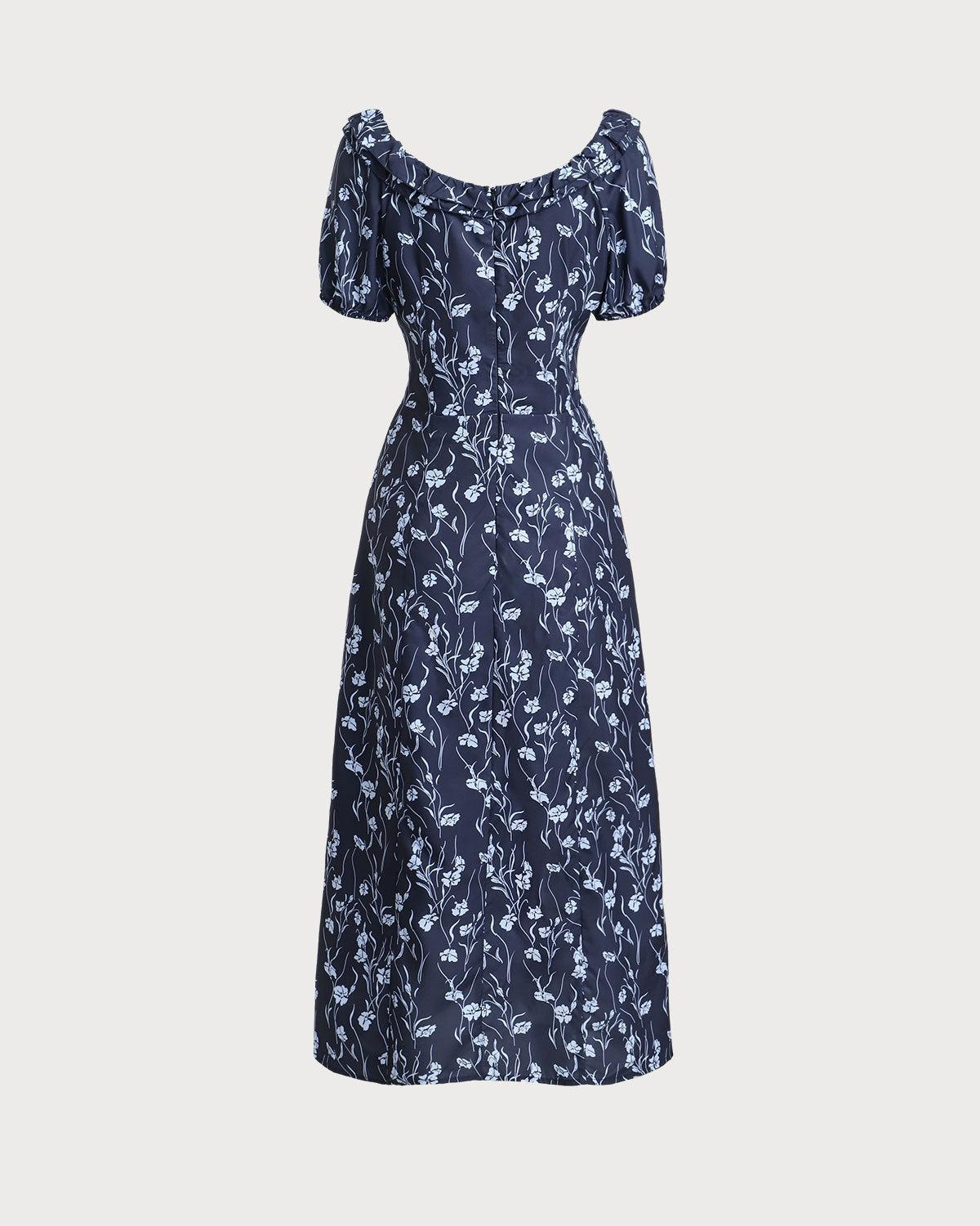 Navy Floral U-Neck Puffed-Sleeve Maxi Dress Product Image