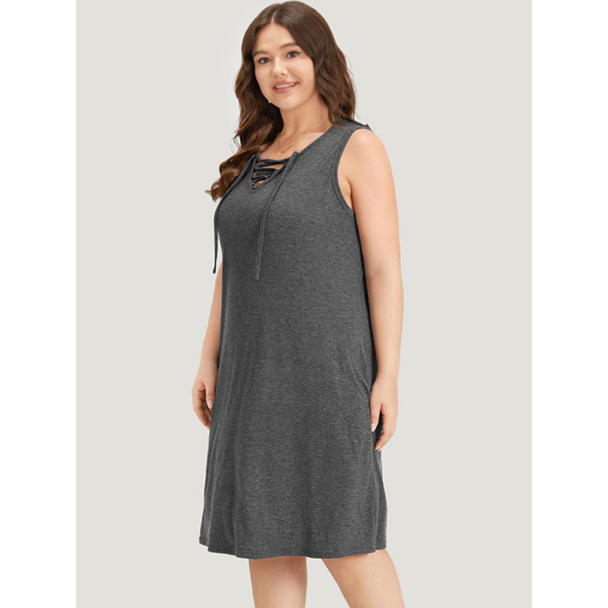 Plus Size Plain Pocket Lace Up Sleeveless Dress DimGray Women Casual Plain V-neck Sleeveless Curvy Midi Dress BloomChic 28/5X Product Image