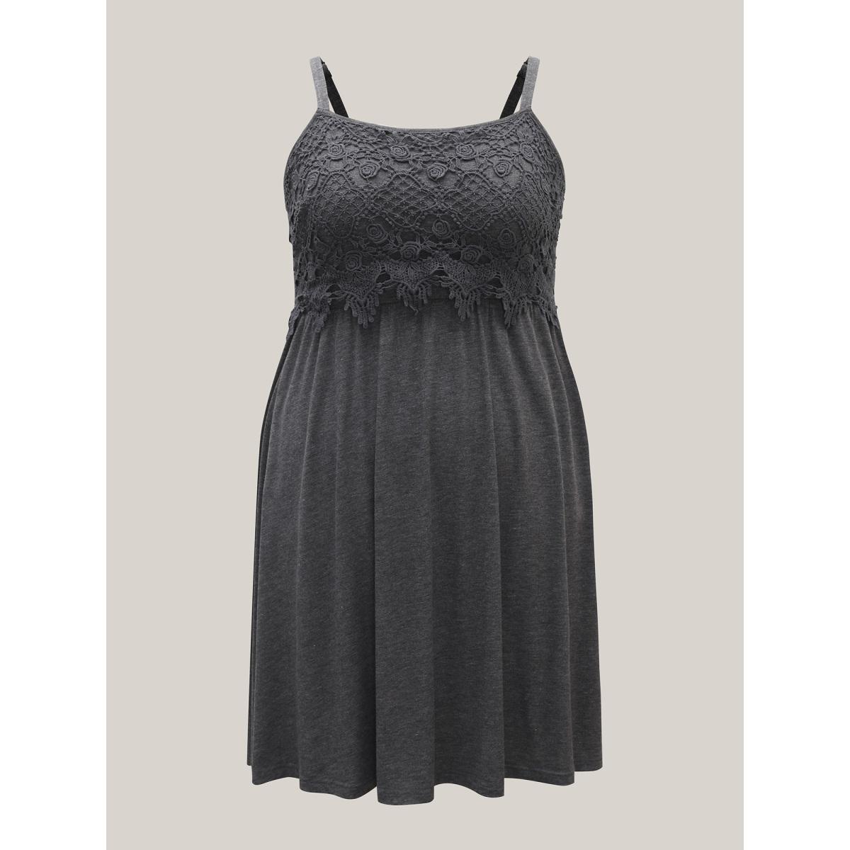 Plus Size Lace Waist-Cinched Pockets Midi Dress DarkGray Women Timeless Woven ribbon&lace trim Square Neck Sleeveless Curvy BloomChic 28/5X Product Image