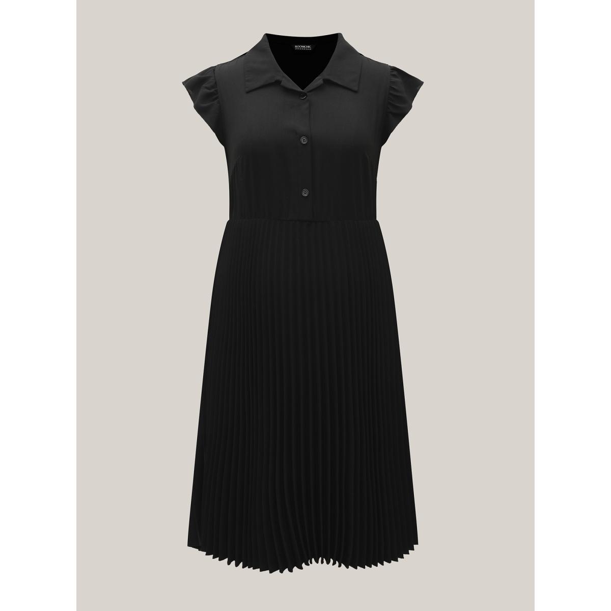 Plus Size Pleated Shirt Collar Solid Midi Dress Black Women Office Pleated Shirt collar Cap Sleeve Curvy BloomChic 26/4X Product Image