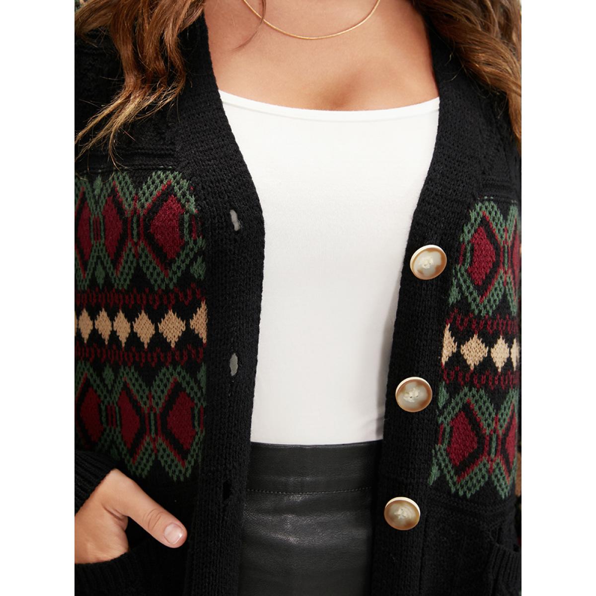 Plus Size Geometric Contrast Pointelle Knit Pocket Jacquard Button Front Cardigan Multicolor Women Casual Loose Long Sleeve Dailywear Cardigans BloomChic 12/L Product Image