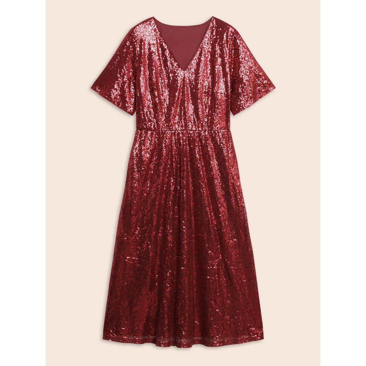 Plus Size Sequin V Neck Elastic Waist Dress Burgundy Women Cocktail Texture V-neck Short sleeve Curvy BloomChic 12/L Product Image