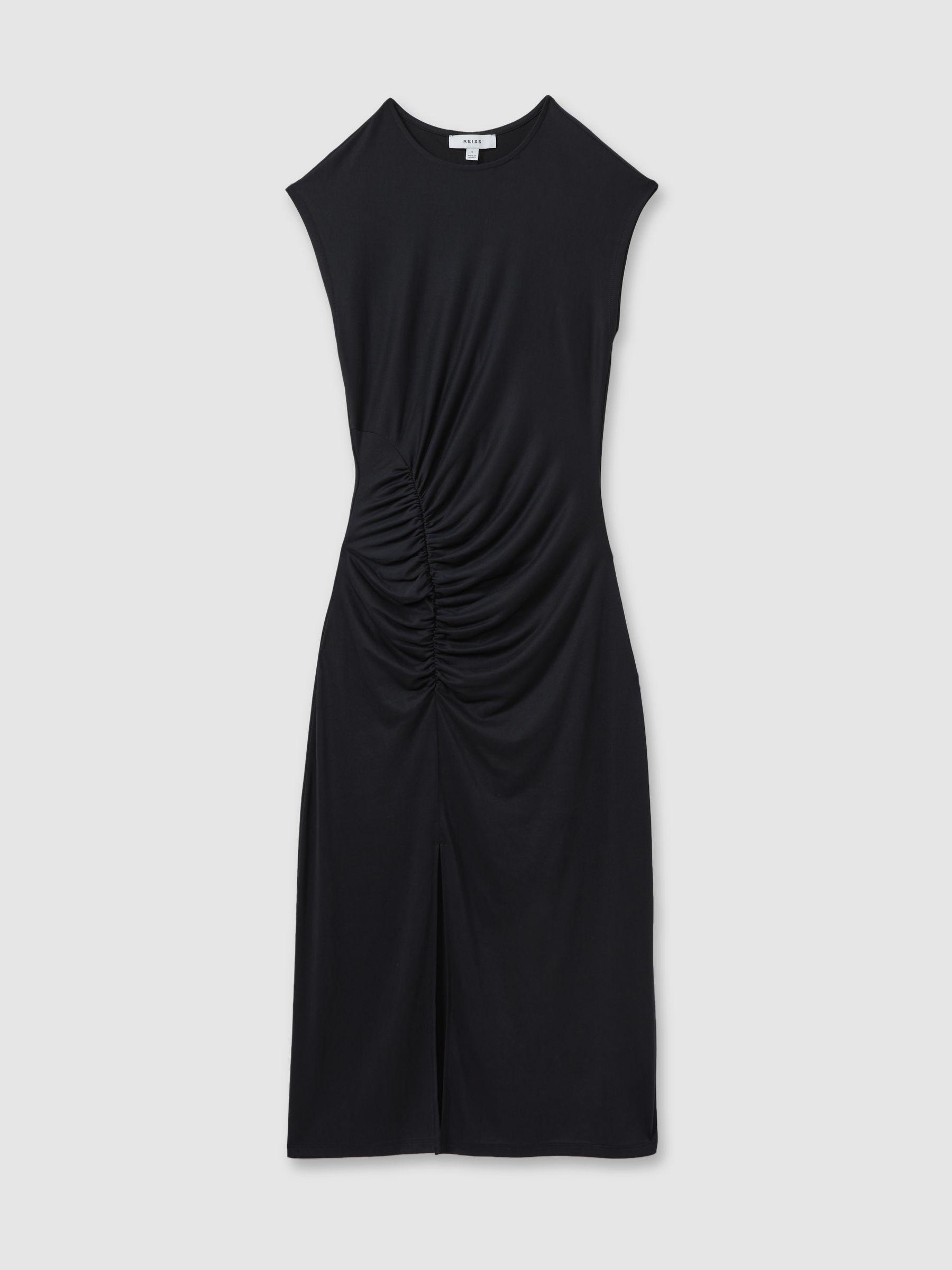 Ruche Front Capped Sleeve Jersey Midi Dress in Charcoal Product Image
