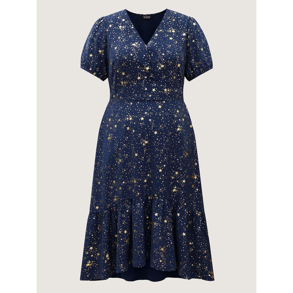 Plus Size Starry Sequins Ruffled Hem Midi Dress Navy Women Party&Cocktail V-neck Short sleeve Curvy BloomChic 30/6X Product Image