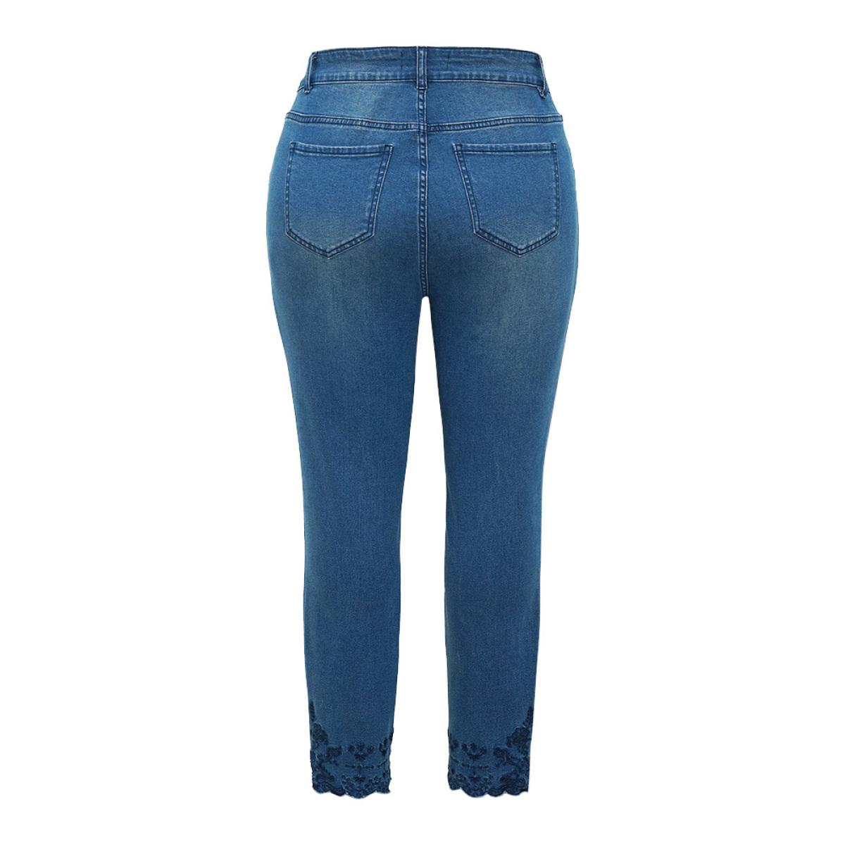 Plus Size Very Stretchy High Rise Medium Wash Embroidered Scalloped Hem Jeans Women Blue Casual Plain Embroidered High stretch Pocket Jeans BloomChic 12/L Product Image