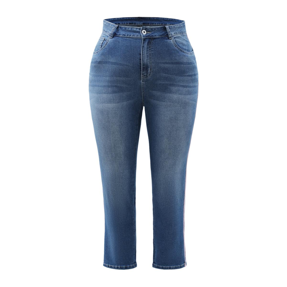 Plus Size Very Stretchy Medium Wash Contrast Striped Jeans Women Blue Casual Plain Patchwork High stretch Pocket Jeans BloomChic 10/M Product Image