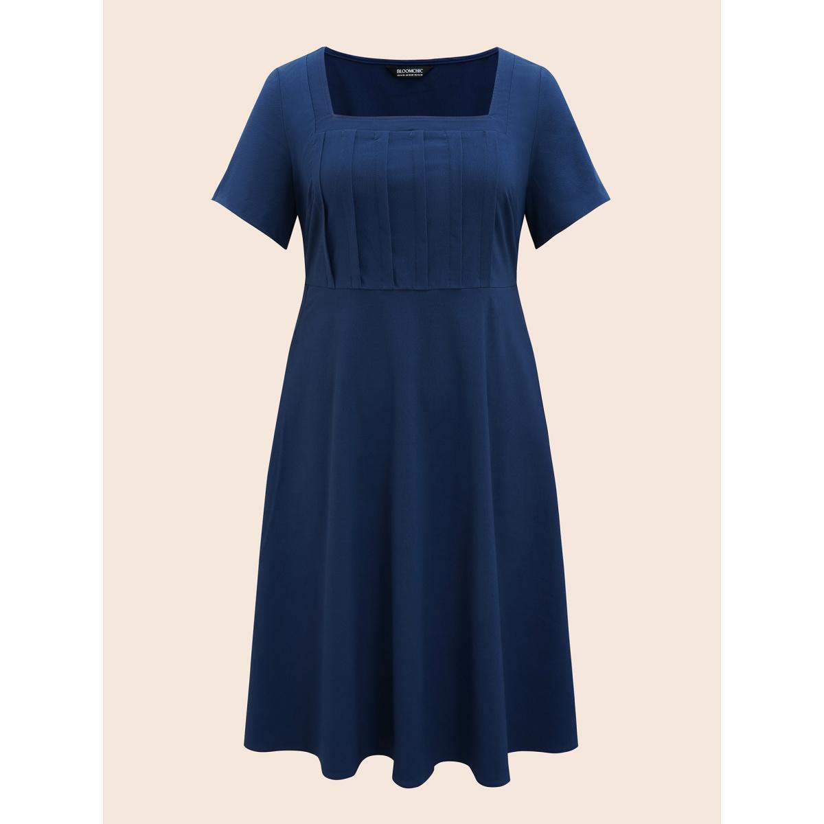 Plus Size Solid Square Neck Pleated Midi Dress Indigo Women Elegant Tucked seam Square Neck Short sleeve Curvy BloomChic 10/M Product Image