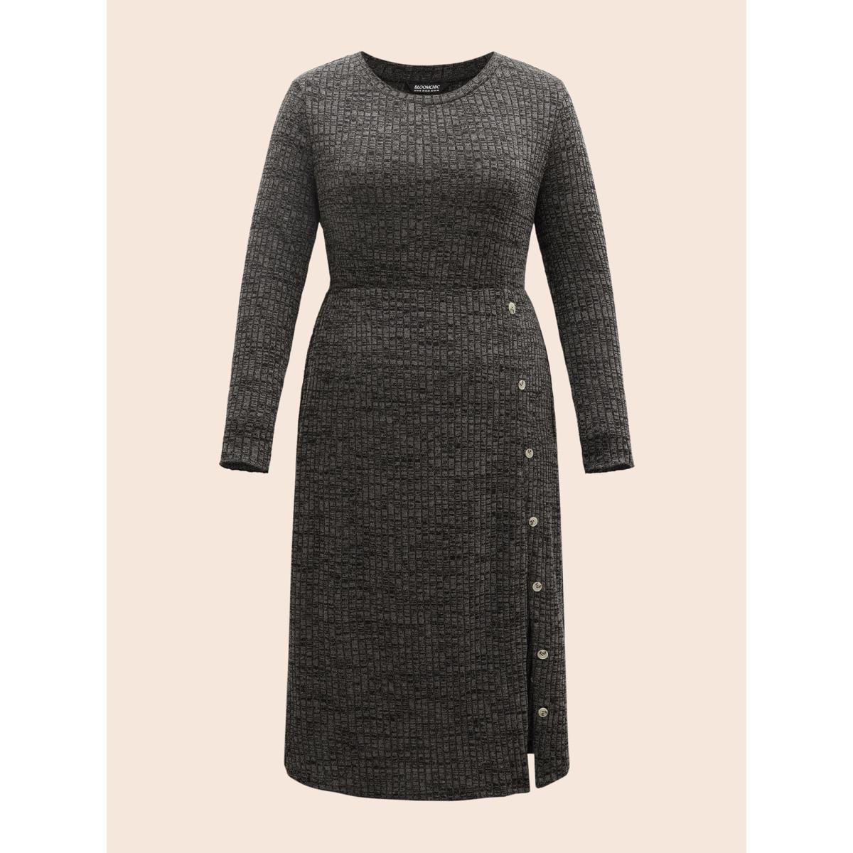 Plus Size Crew Neck Button Detail Split Hem Dress Black Women Leisure Texture Round Neck Long Sleeve Curvy BloomChic 14-16/1X Product Image