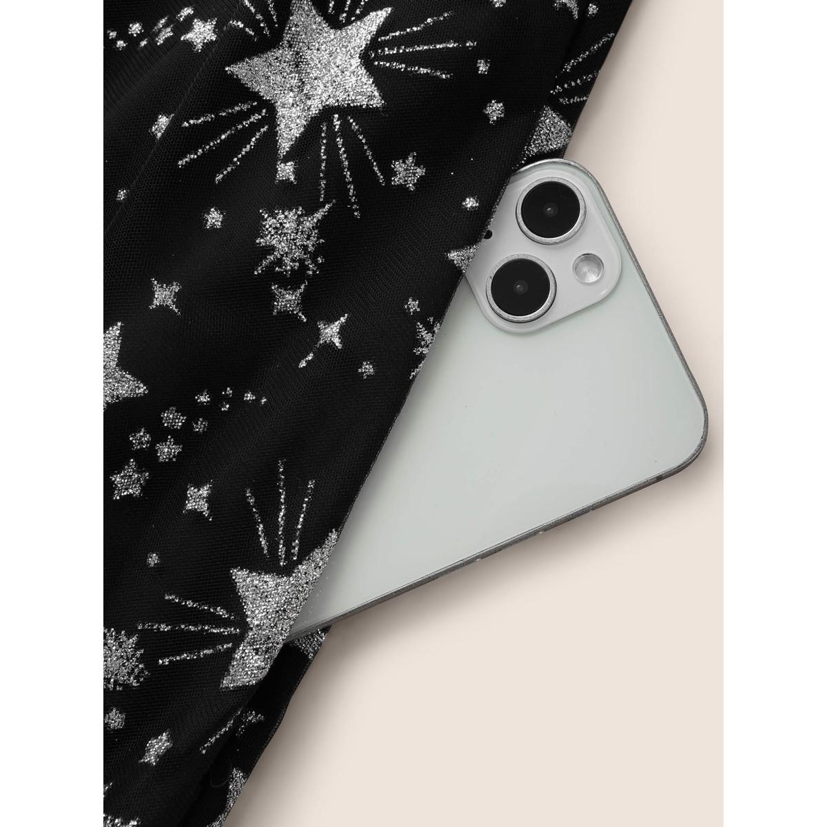 Plus Size Glitter Star Mesh Patchwork Ruffle Sleeve Dress Black Women Resort Gathered Overlap Collar Short sleeve Curvy BloomChic 30/6X Product Image