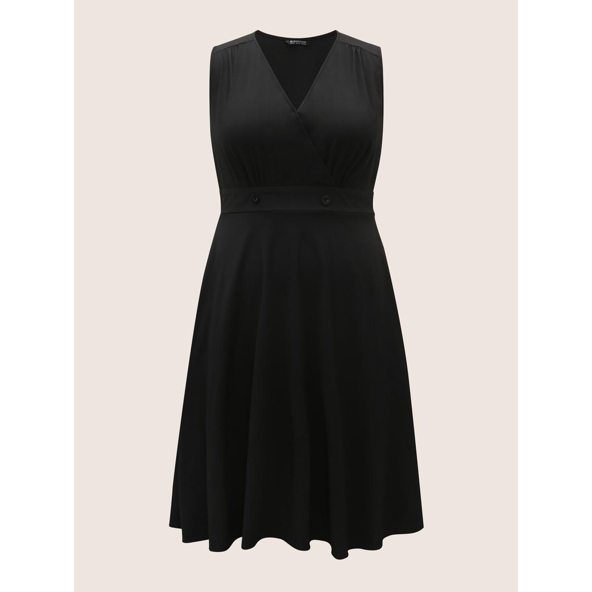Plus Size V Neck Plain Split Hem Sleeveless Midi Dress Black Women At the Office Button V-neck Sleeveless Curvy BloomChic 14-16/1X Product Image